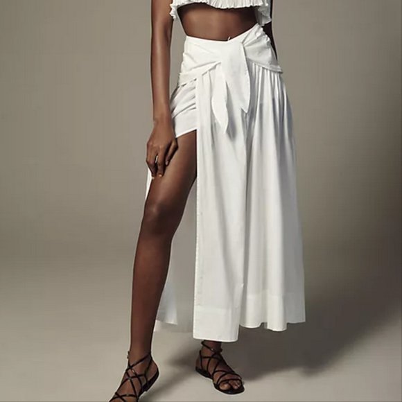 Anthropologie Maeve L XL NWT Poplin Tie Front Side Slit Skirt Maxi White